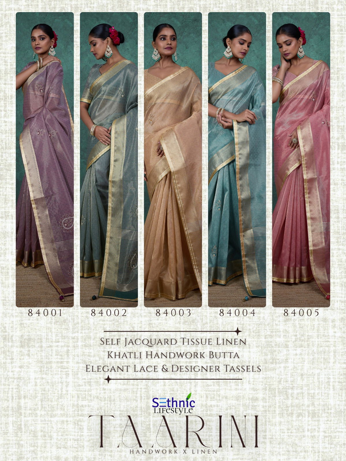 Tarini By Sethnic Self Work Linen Tissue Ocassion Saree Exporters In India
